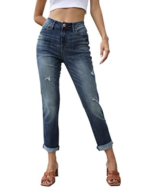 OFLUCK Women High-Waisted Straight Cropped Ripped Jeans，Boyfriend Distressed Stretch Denim Pants