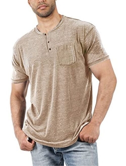 Aoysky Men Short Sleeve T-Shirt Casual Solid Color Button-up Henley Shirt V Neck Tee Tops