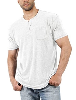 Aoysky Men Short Sleeve T-Shirt Casual Solid Color Button-up Henley Shirt V Neck Tee Tops