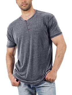 Aoysky Men Short Sleeve T-Shirt Casual Solid Color Button-up Henley Shirt V Neck Tee Tops