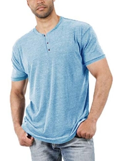 Aoysky Men Short Sleeve T-Shirt Casual Solid Color Button-up Henley Shirt V Neck Tee Tops