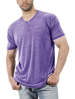 Aoysky Men Short Sleeve T-Shirt Casual Solid Color Button-up Henley Shirt V Neck Tee Tops