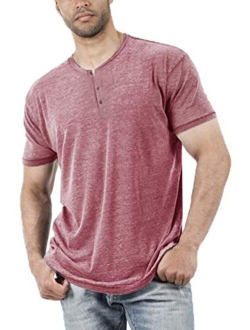 Aoysky Men Short Sleeve T-Shirt Casual Solid Color Button-up Henley Shirt V Neck Tee Tops