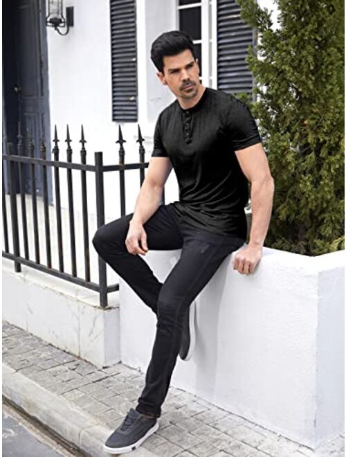 Aoysky Men Short Sleeve T-Shirt Casual Solid Color Button-up Henley Shirt V Neck Tee Tops