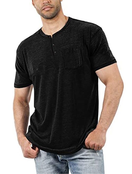 Aoysky Men Short Sleeve T-Shirt Casual Solid Color Button-up Henley Shirt V Neck Tee Tops