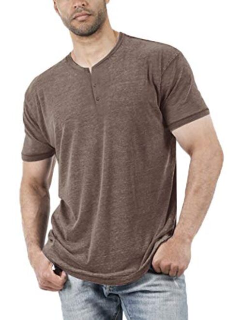 Aoysky Men Short Sleeve T-Shirt Casual Solid Color Button-up Henley Shirt V Neck Tee Tops