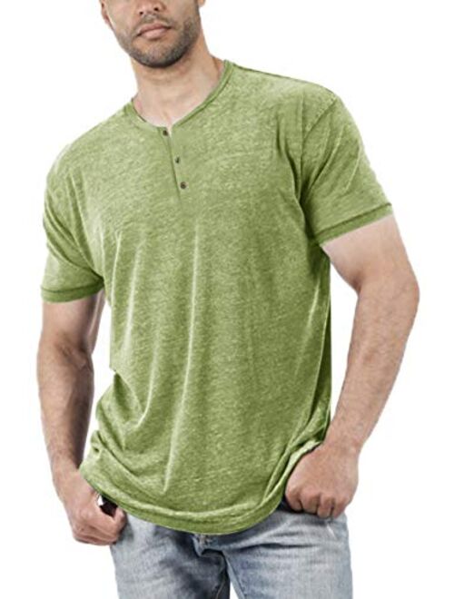 Aoysky Men Short Sleeve T-Shirt Casual Solid Color Button-up Henley Shirt V Neck Tee Tops