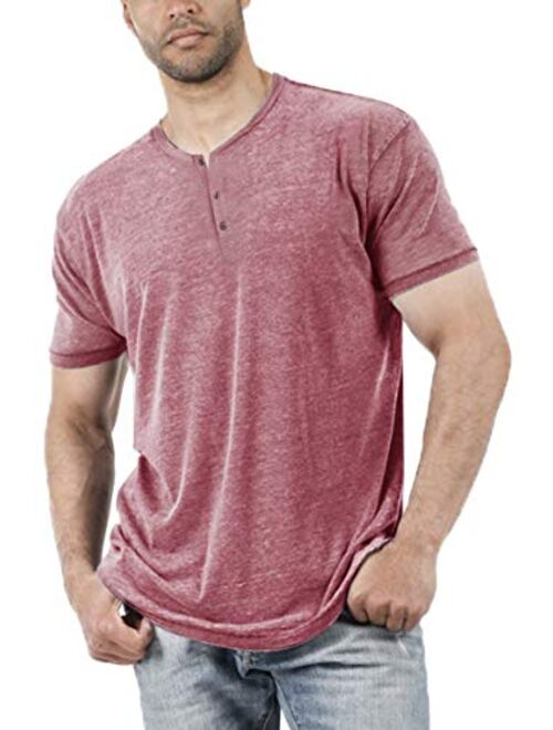 Aoysky Men Short Sleeve T-Shirt Casual Solid Color Button-up Henley Shirt V Neck Tee Tops