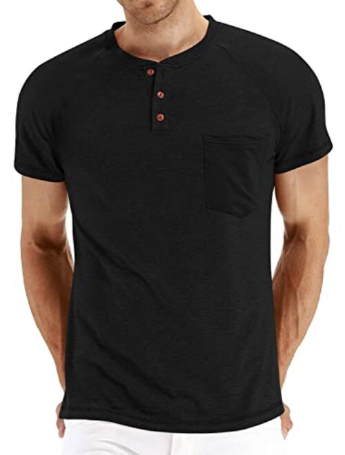 NITAGUT Men's Summer Casual T-Shirts Front Placket Raglan Short Sleeve Henley Shirts with Pocket