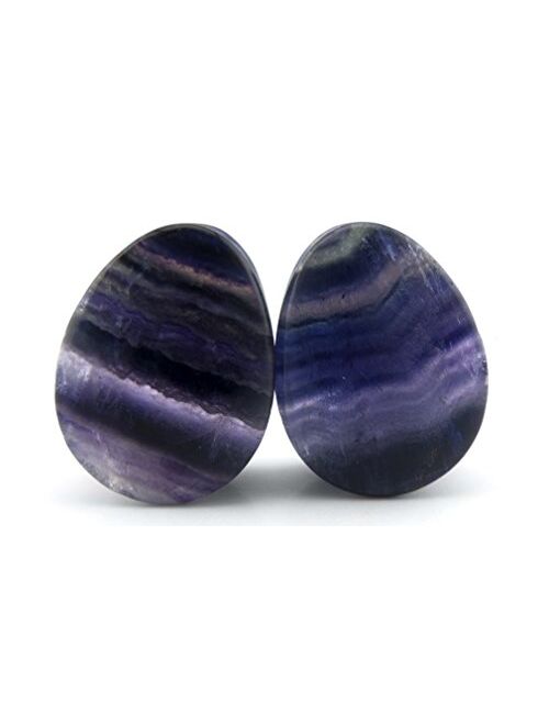 Urban Body Jewelry 1 Pair of 7/8" Gauge (22mm) Rainbow Fluorite Teardrop Stone Plugs - Double Flare