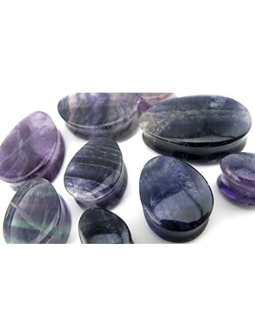 Urban Body Jewelry 1 Pair of 7/8" Gauge (22mm) Rainbow Fluorite Teardrop Stone Plugs - Double Flare