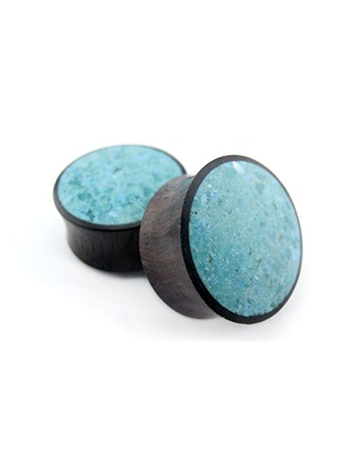 Urban Body Jewelry Pair of 1 Inch (25mm) Gauge Wood Plugs with Turquoise Stone Inlay - Double Flare (WD067)