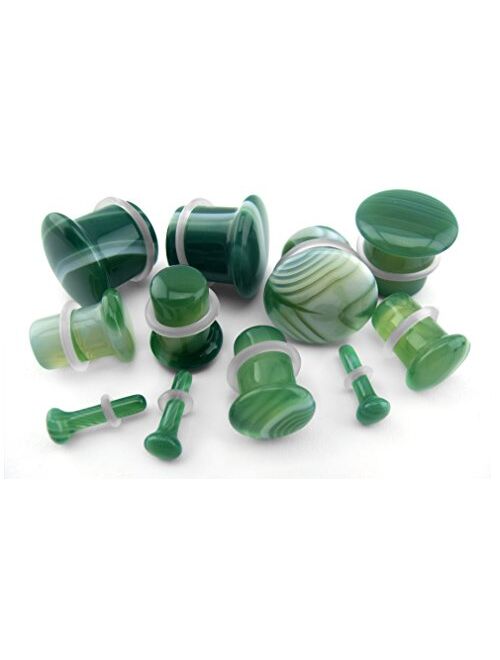 Urban Body Jewelry 1 Pair of 1/2" Gauge (12mm) Green Line Agate Stone Plugs - Single Flare