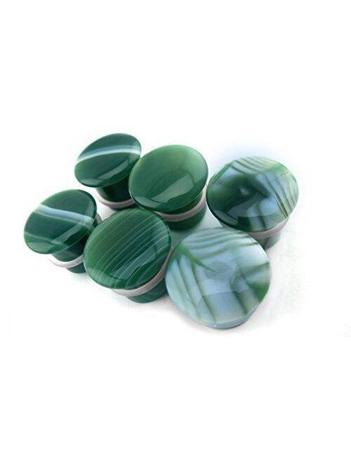 Urban Body Jewelry 1 Pair of 1/2" Gauge (12mm) Green Line Agate Stone Plugs - Single Flare