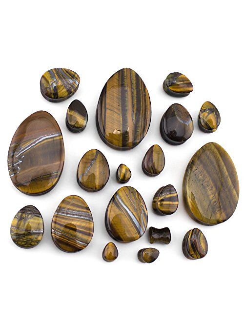 Urban Body Jewelry 1 Pair of 0 Gauge (0G - 8mm) Natural Tiger Eye Stone Teardrop Plugs/Gauges