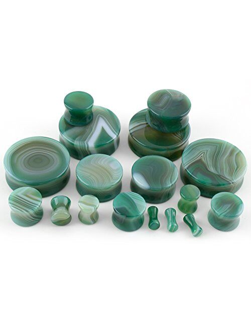 Urban Body Jewelry 7/8" (22mm) Green Line Agate Stone Plugs/Gauges (1 Pair)