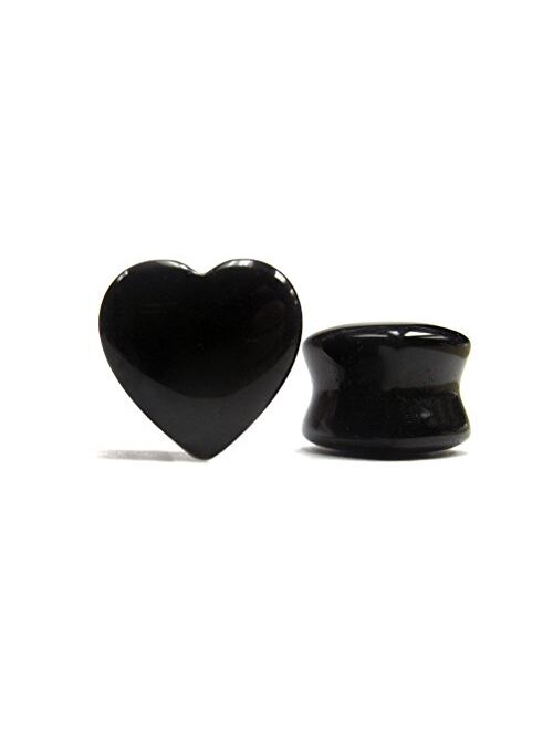 Urban Body Jewelry 1 Pair of 00 Gauge (00G - 10mm) Black Heart Shaped Stone Plugs - Double Flared