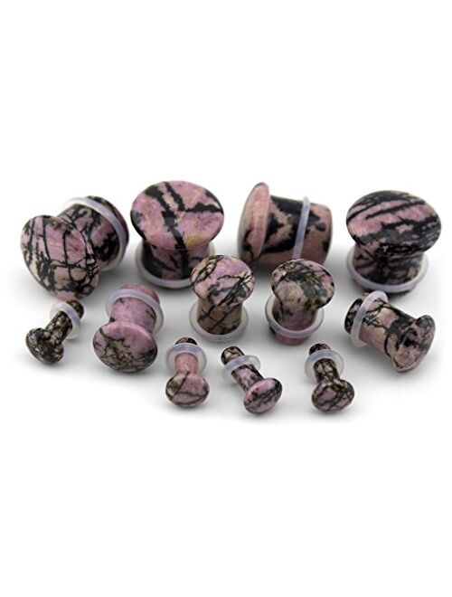 Urban Body Jewelry 1 Pair of 00 Gauge (00G - 10mm) Single Flare Rhodonite Stone Plugs