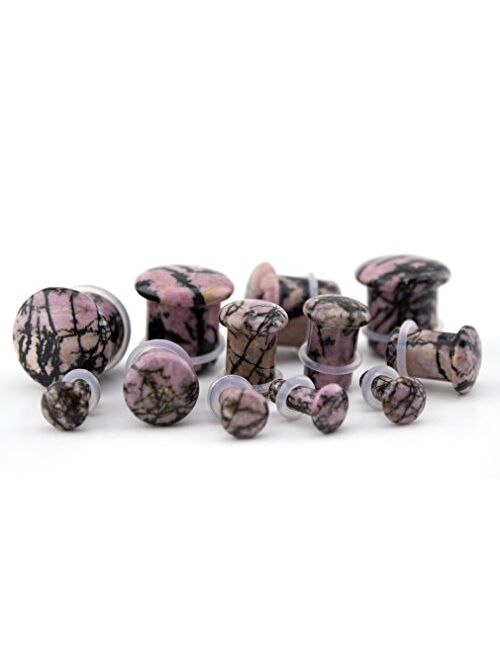 Urban Body Jewelry 1 Pair of 00 Gauge (00G - 10mm) Single Flare Rhodonite Stone Plugs