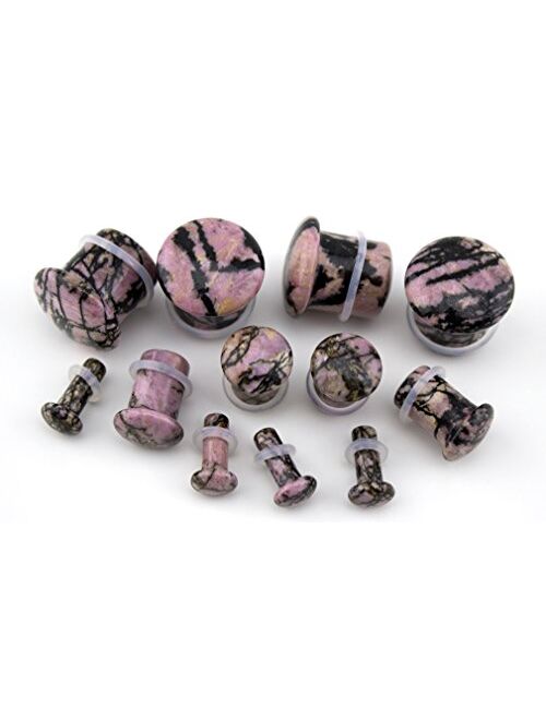 Urban Body Jewelry 1 Pair of 00 Gauge (00G - 10mm) Single Flare Rhodonite Stone Plugs