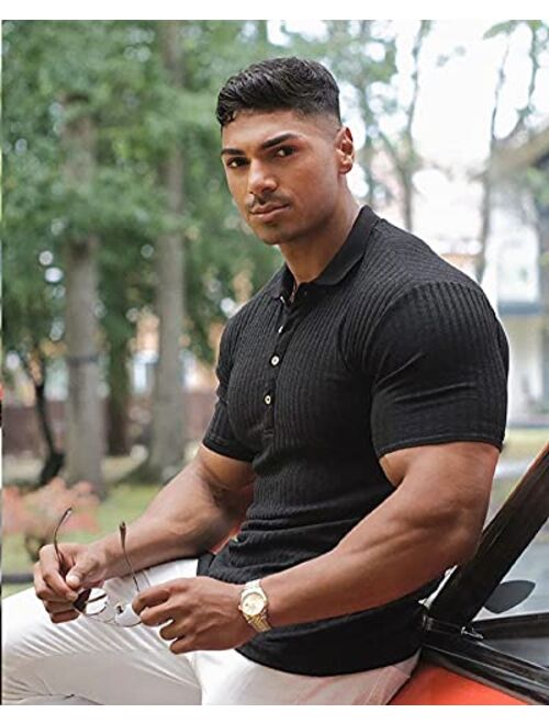 URRU Men's Muscle T Shirts Stretch Long&Short Sleeve Workout Tee Casual Slim Fit Polo Shirt