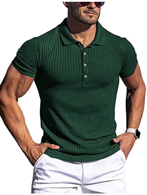 URRU Men's Muscle T Shirts Stretch Long&Short Sleeve Workout Tee Casual Slim Fit Polo Shirt