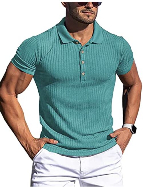 URRU Men's Muscle T Shirts Stretch Long&Short Sleeve Workout Tee Casual Slim Fit Polo Shirt