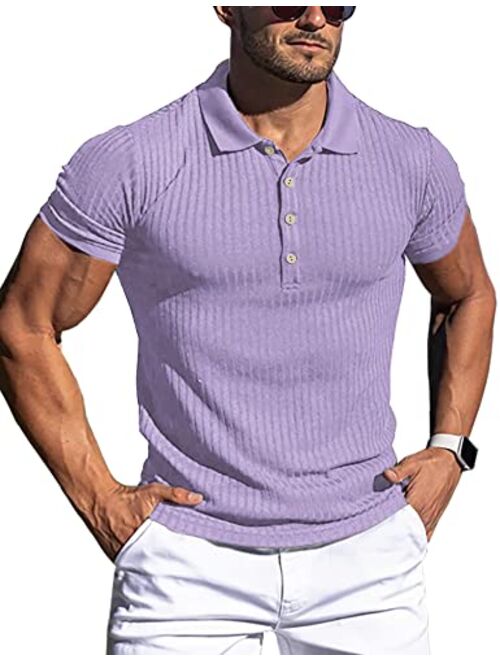 URRU Men's Muscle T Shirts Stretch Long&Short Sleeve Workout Tee Casual Slim Fit Polo Shirt