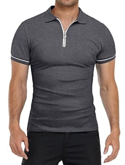 YTD Men's Short Sleeve Polo Shirts Quarter-Zip Casual Daily Fit V Neck Basic Designed Cotton Shirts