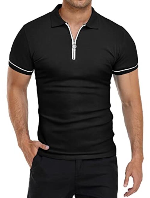 YTD Men's Short Sleeve Polo Shirts Quarter-Zip Casual Daily Fit V Neck Basic Designed Cotton Shirts