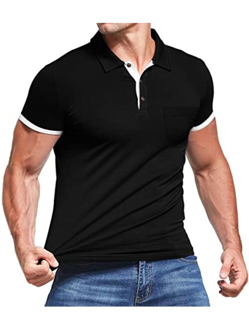 KUYIGO Men's Short&Long Sleeve Polo Shirts Casual Slim Fit Solid Soft Cotton Pocket Shirt