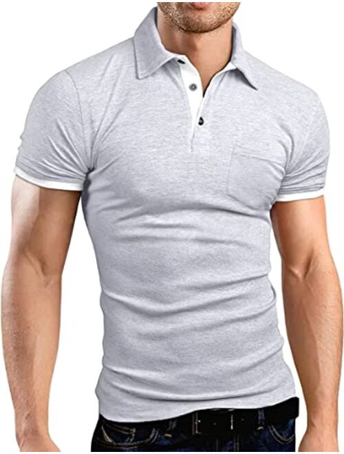 KUYIGO Men's Short&Long Sleeve Polo Shirts Casual Slim Fit Solid Soft Cotton Pocket Shirt