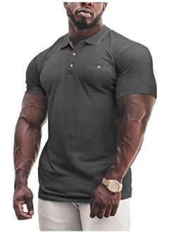 URRU Men's Muscle T Shirts Soft Waffle Short Sleeve Casual Slim Fit Polo Shirt with Pocket