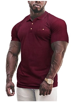 URRU Men's Muscle T Shirts Soft Waffle Short Sleeve Casual Slim Fit Polo Shirt with Pocket