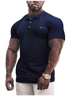 URRU Men's Muscle T Shirts Soft Waffle Short Sleeve Casual Slim Fit Polo Shirt with Pocket