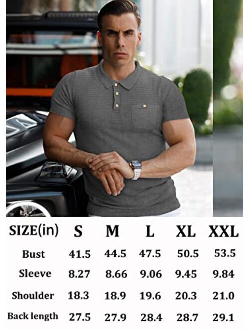 URRU Men's Muscle T Shirts Soft Waffle Short Sleeve Casual Slim Fit Polo Shirt with Pocket