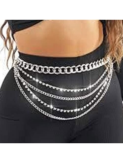 Reetan Boho Crystal Body Chains Layered Waist Chain Rave Belly Chain Party Nightclub Body Jewelry Accessories for Women and Girls (Silver)