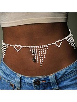 Gemily Silver Waist Chain Gitter Crystal Belly Body Chains Tassel Heart Party Waist Jewelry Accessory for Women and Girls