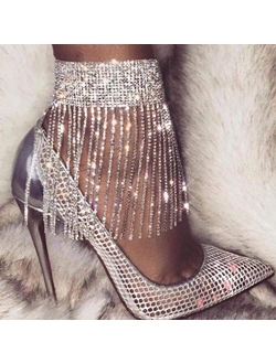 ELABEST Rhinestone Ankle Bracelets Crystal Tassel Anklet 2pcs Glitter Tennis Foot Chain Wedding Jewelry Accessories For Women and Girls