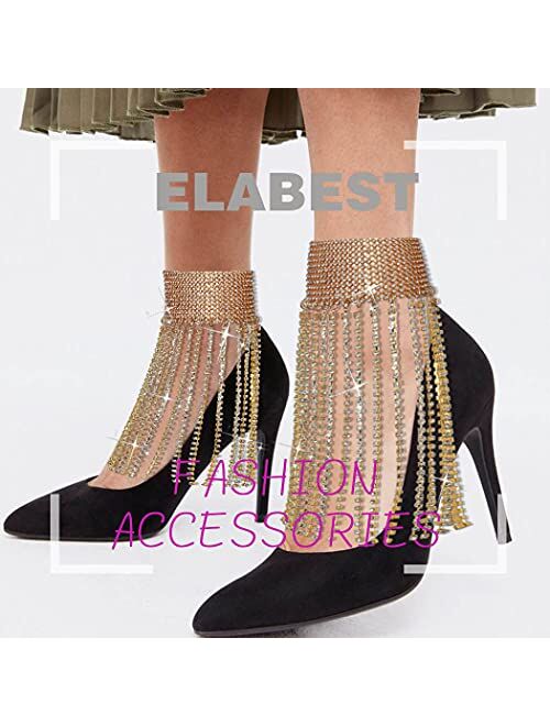 ELABEST Rhinestone Ankle Bracelets Crystal Tassel Anklet 2pcs Glitter Tennis Foot Chain Wedding Jewelry Accessories For Women and Girls