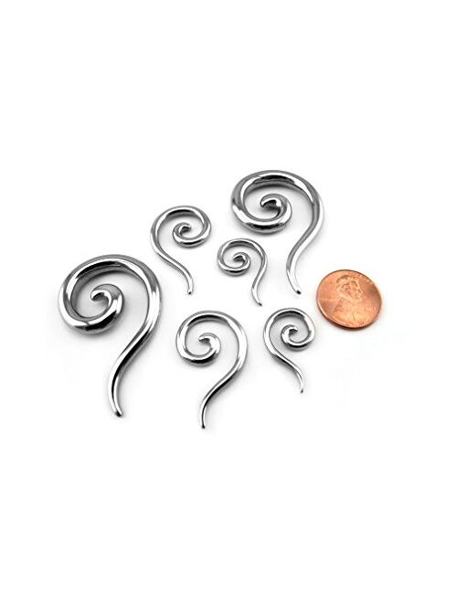 Urban Body Jewelry Pair of 8 Gauge (8G - 3mm) 316L Stainless Steel Tail Spirals