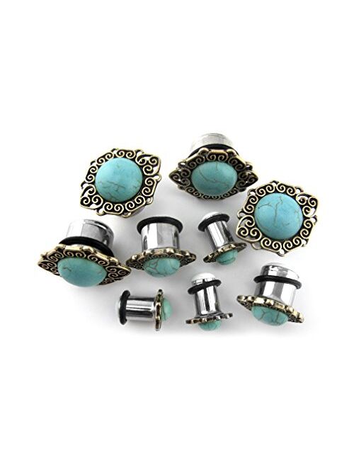 Urban Body Jewelry Pair of 00 Gauge (00G - 10mm) Turquoise Stone Cabochon Front Steel Plugs