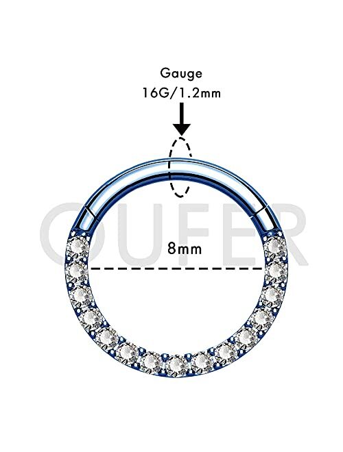 OUFER Titanium Daith Earring Hoop Solid G23 Cartilage Tragus Helix Rings 16G Titanium Septum Piercing Jewelry Hinged Segment Hoop with Clear CZ Paved