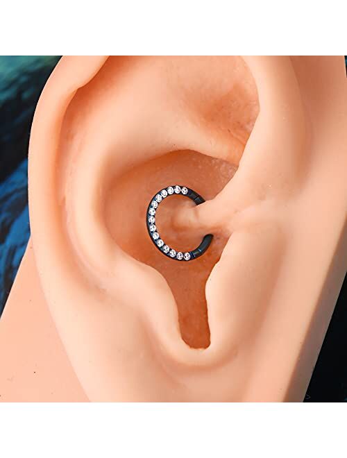 OUFER Titanium Daith Earring Hoop Solid G23 Cartilage Tragus Helix Rings 16G Titanium Septum Piercing Jewelry Hinged Segment Hoop with Clear CZ Paved