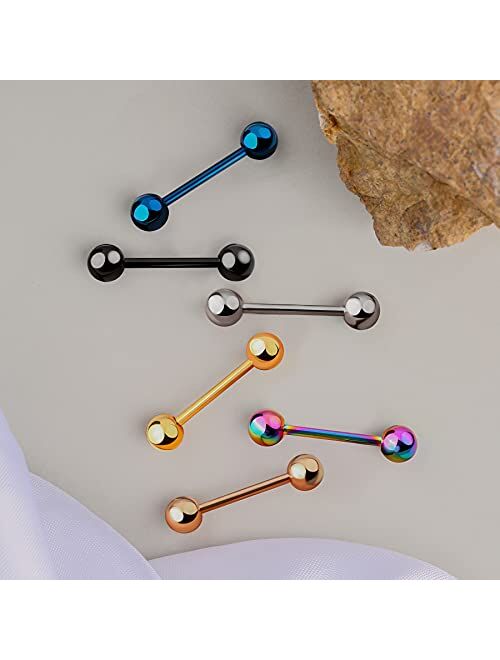 OUFER 6PCS Grade 23 Solid Titanium Tongue Rings Colorful Tongue Barbell Tongue Body Piercing Jewelry