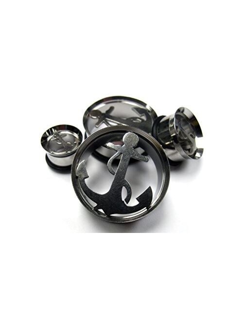 Urban Body Jewelry (1 inch ~ 25mm) 1 Pair of Stainless Steel Anchor Tunnel Plugs (STL005)