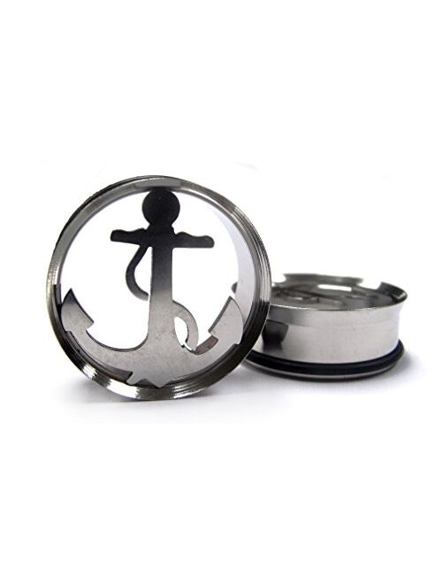 Urban Body Jewelry (1 inch ~ 25mm) 1 Pair of Stainless Steel Anchor Tunnel Plugs (STL005)