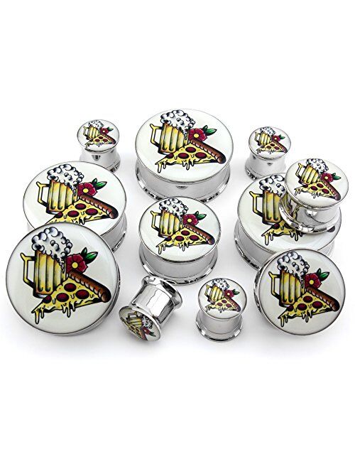 Urban Body Jewelry 00 Gauge (00G - 10mm) Pizza & Beer Tattoo Steel Plugs/Gauges - Artist Series