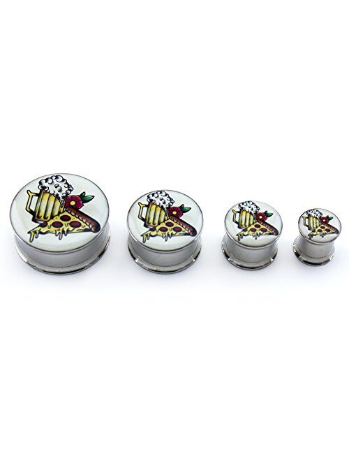 Urban Body Jewelry 00 Gauge (00G - 10mm) Pizza & Beer Tattoo Steel Plugs/Gauges - Artist Series