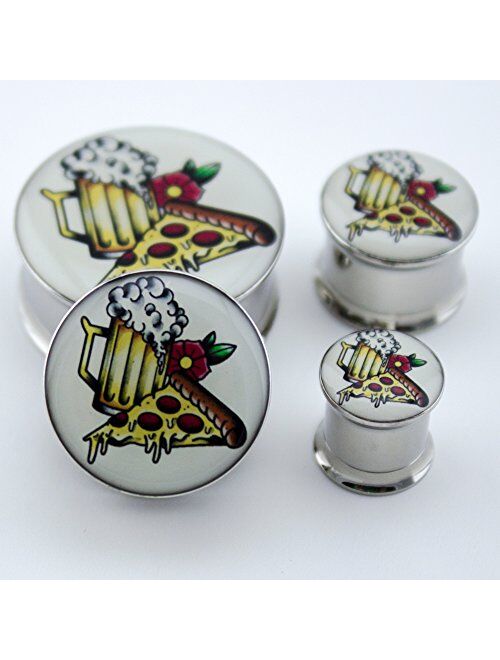 Urban Body Jewelry 00 Gauge (00G - 10mm) Pizza & Beer Tattoo Steel Plugs/Gauges - Artist Series